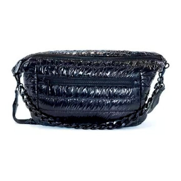 BCBGgeneration, Quilted Sling Crossbody Bag with Woven Chain, NWT Black patent - Picture 1 of 2